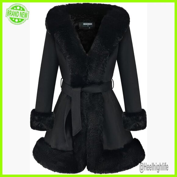 Jackets & Blazers - Slim Fit Faux Fur Collar Trench Coat with Belt, Long Sleeve Winter Parka